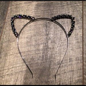 Jeweled Cat Ears Metal Headband - Black, Crystals